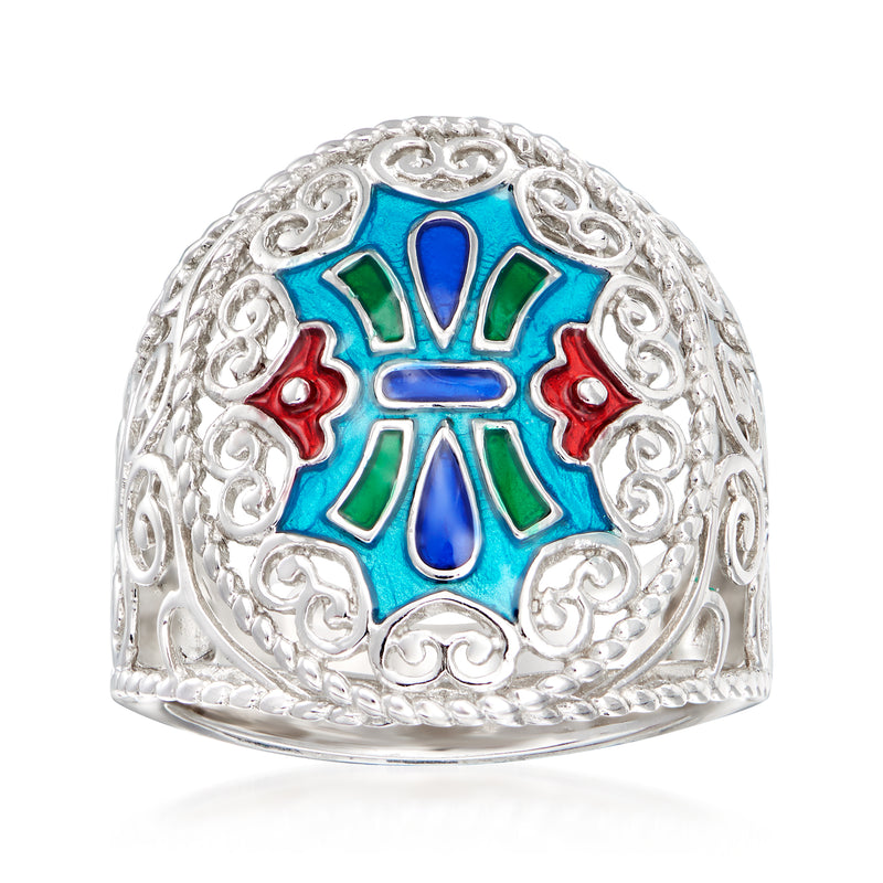 Sterling silver multicolored enamel ring with blue center and red side accents