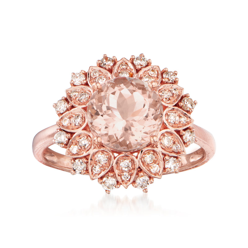 14kt rose gold ring with oval morganite center and diamond halo