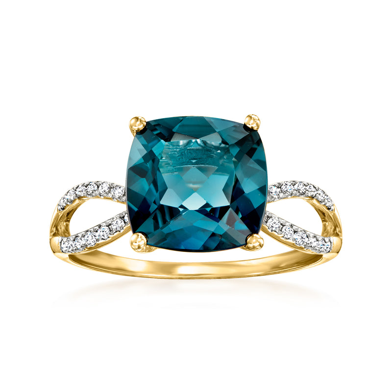 14kt yellow gold ring with cushion-cut London blue topaz and diamond side accents