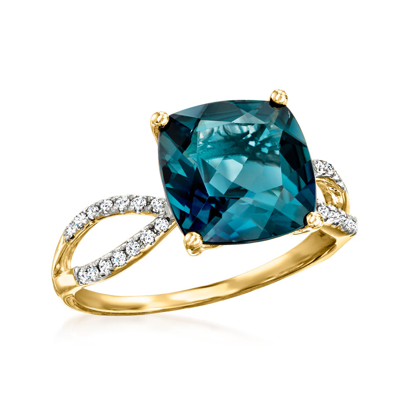 14kt yellow gold ring with London blue topaz center and pave diamond curved band