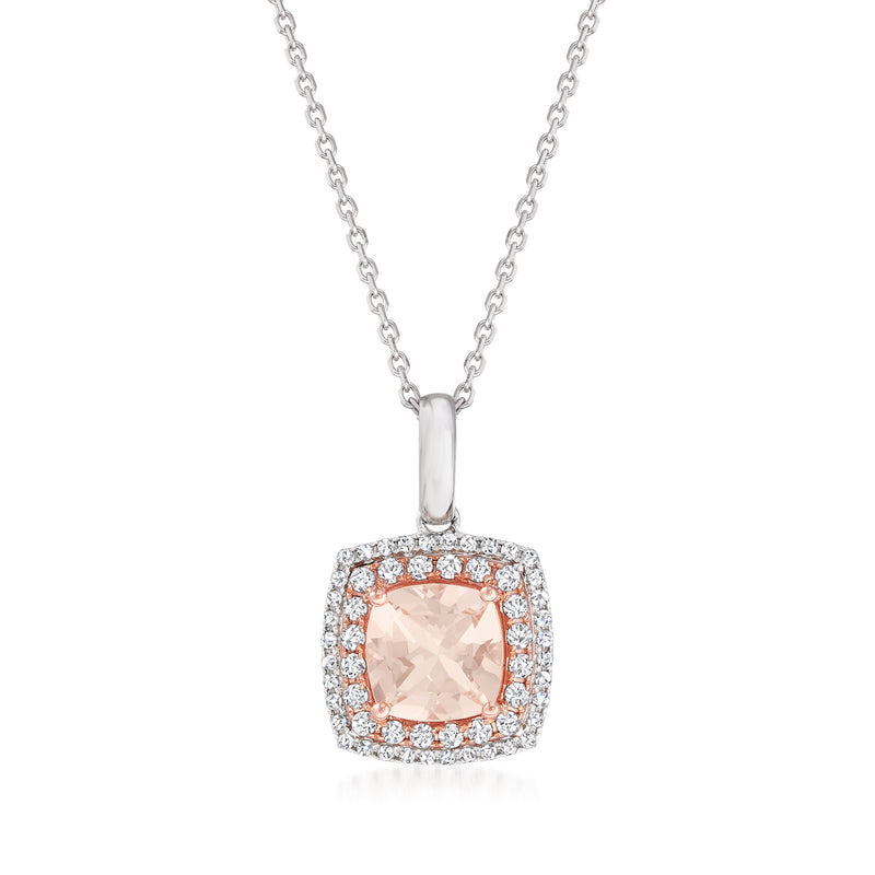 Gold pendant necklace with oval morganite center and diamond halo on chain