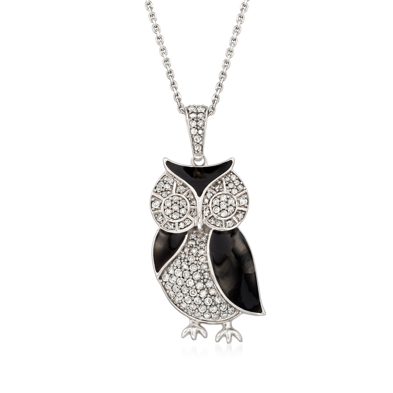 Sterling silver owl pendant necklace with black enamel, diamond-look stones and chain