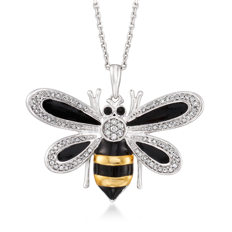 Sterling silver bee pendant necklace with black enamel wings and diamond-like accents, gold-tone body