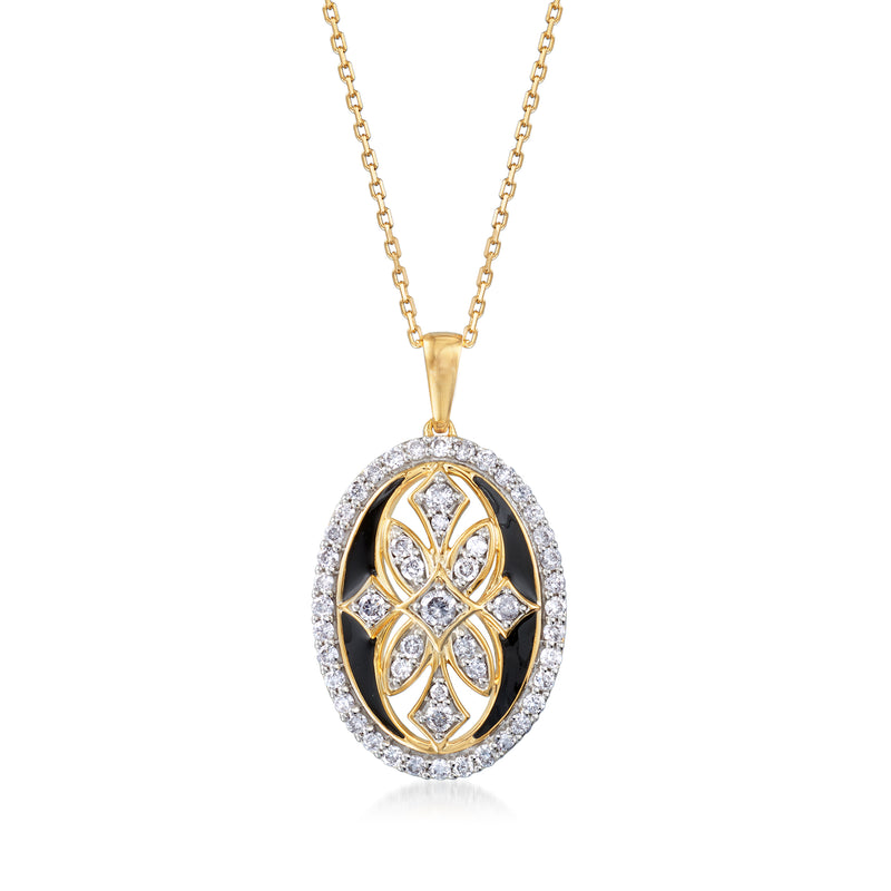 Art deco diamond pendant necklace with oval black enamel and gold-tone setting