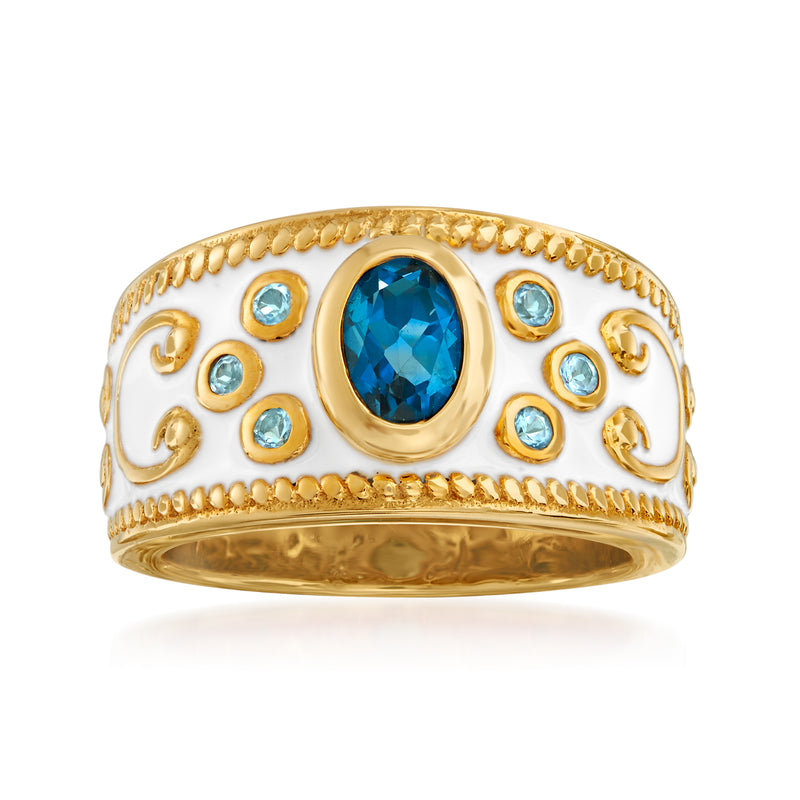 Blue topaz gemstone ring with white enamel and gold-tone band, oval center stone