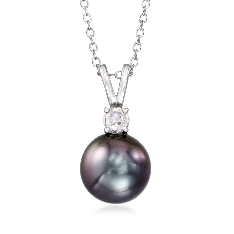 Sterling silver necklace with dark black round cultured pearl and white topaz cluster pendant