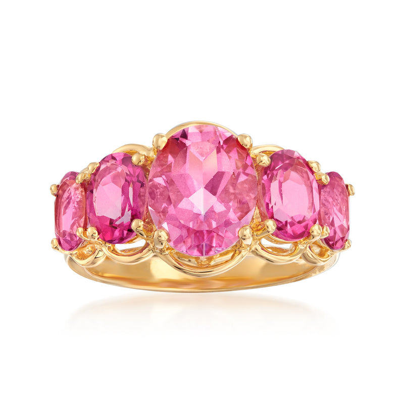 Five-stone pink topaz ring, oval rose-pink gems in gold over sterling
