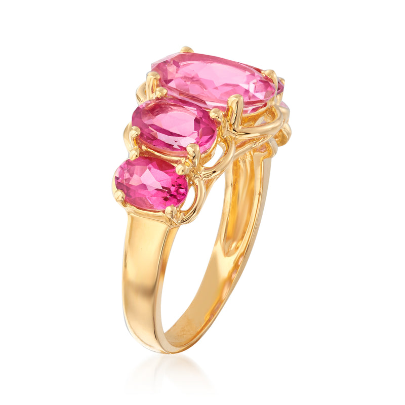 Five-stone pink topaz ring, rose-pink oval gems on 18kt gold over sterling band