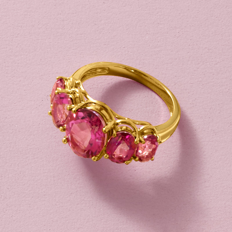 Five-stone pink topaz ring, prong-set rose-pink stones on gold band