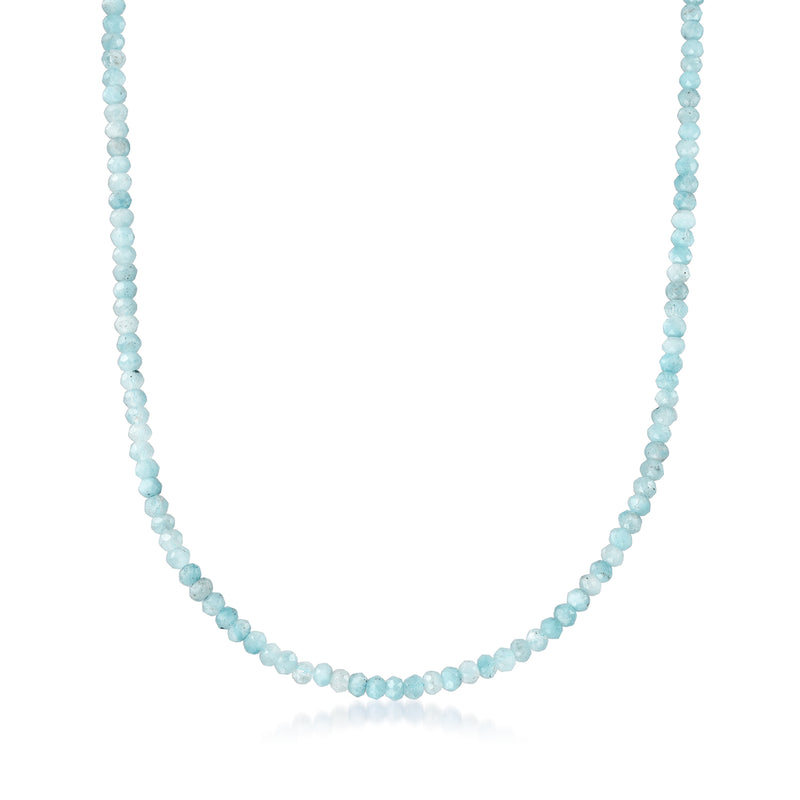 Aquamarine bead necklace with light blue round beads, single strand.
