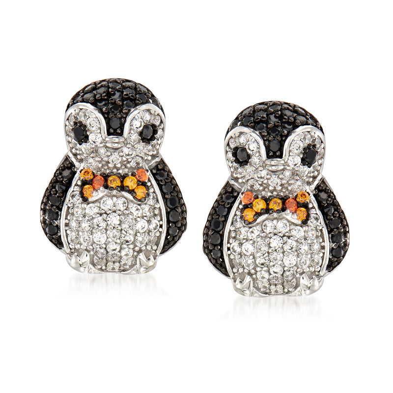 Sterling silver CZ penguin stud earrings, black enamel look with white belly and orange accents