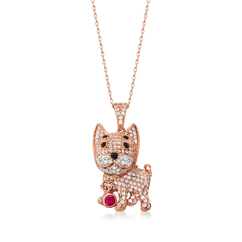Rose gold dog pendant necklace with clear CZ and a red simulated ruby accent