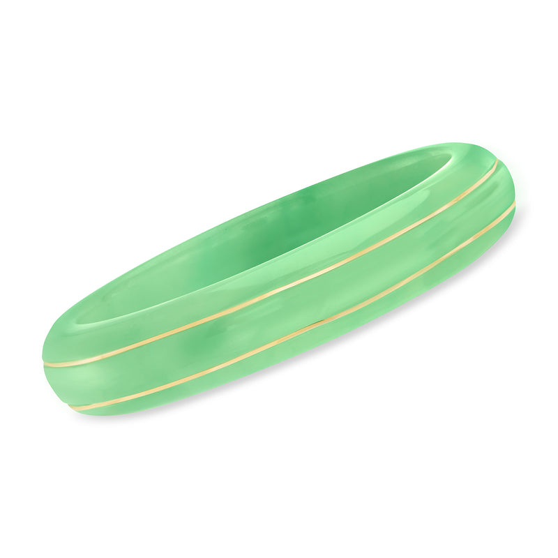 Jade bangle bracelet in green with thin 14kt yellow gold trim, oval profile