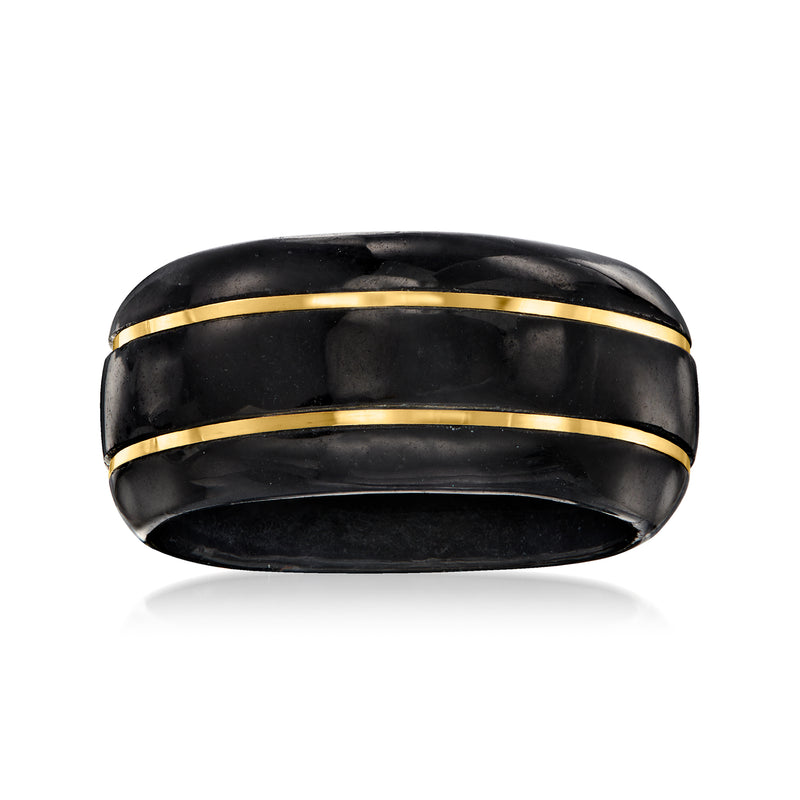 Black jade-style ring with two thin 14kt yellow gold bands
