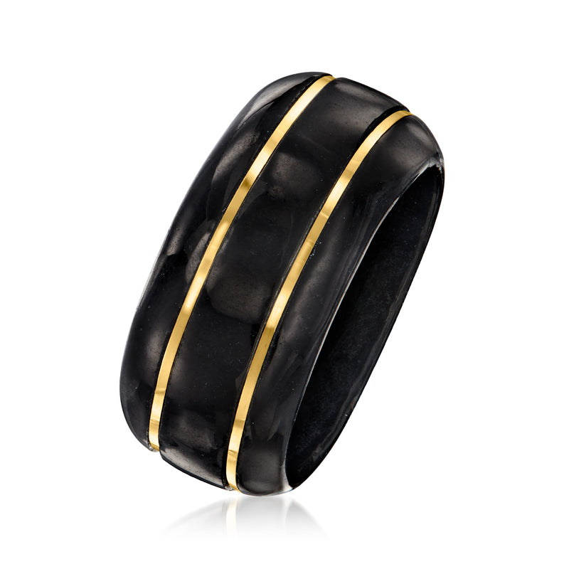 Black jade-style oval ring with two thin yellow gold stripes