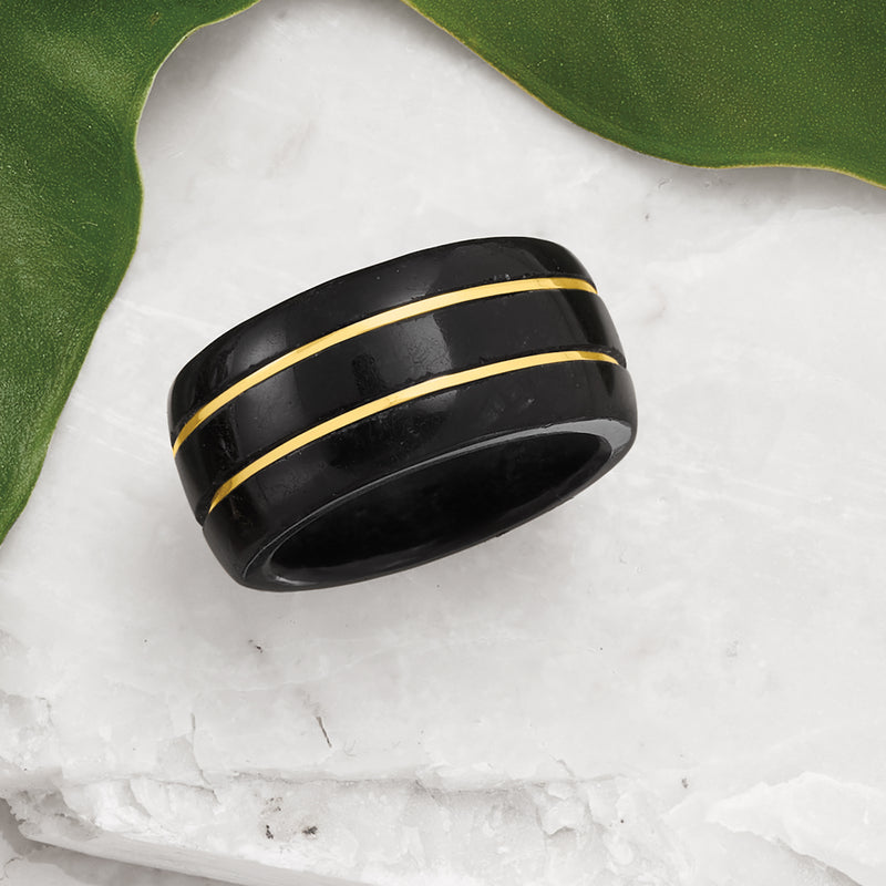 Black jade ring with polished black band and two yellow gold inlay stripes