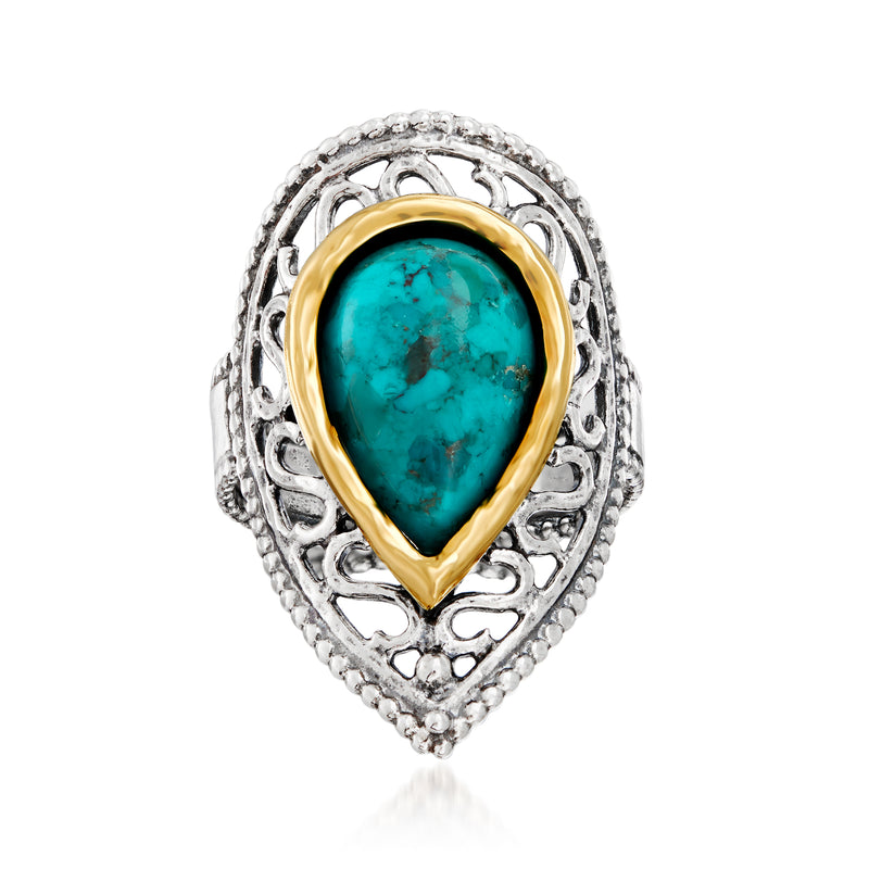 Turquoise teardrop ring in sterling silver with 14kt yellow gold bezel