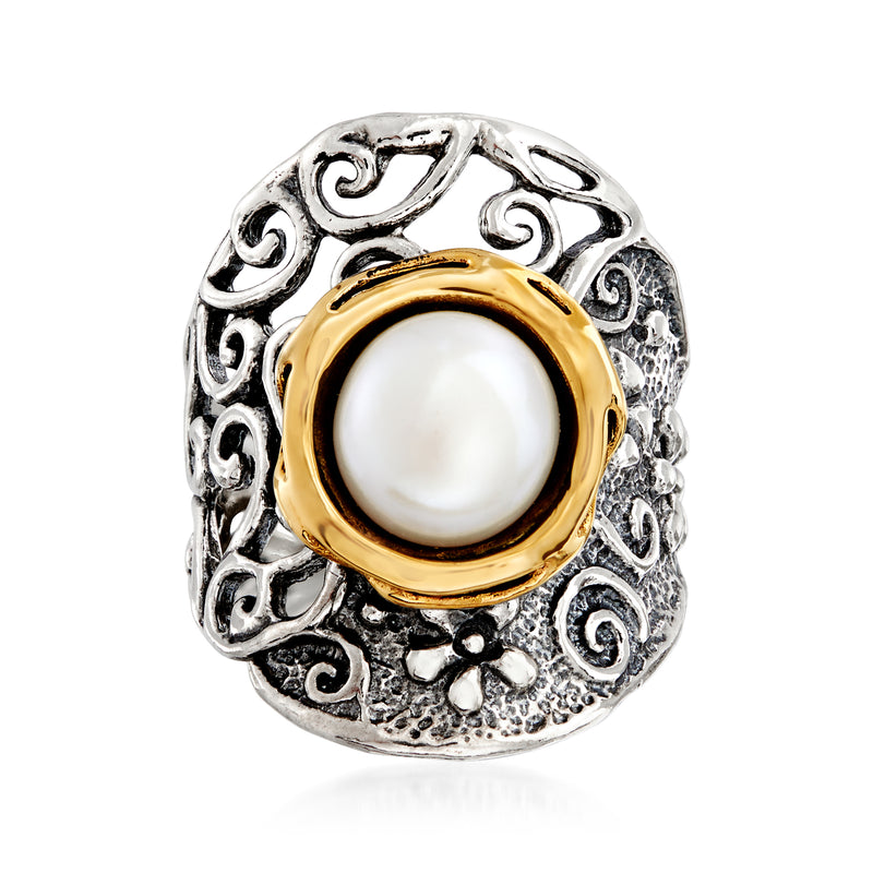 Ornate sterling silver cultured pearl ring with 14kt yellow gold bezel