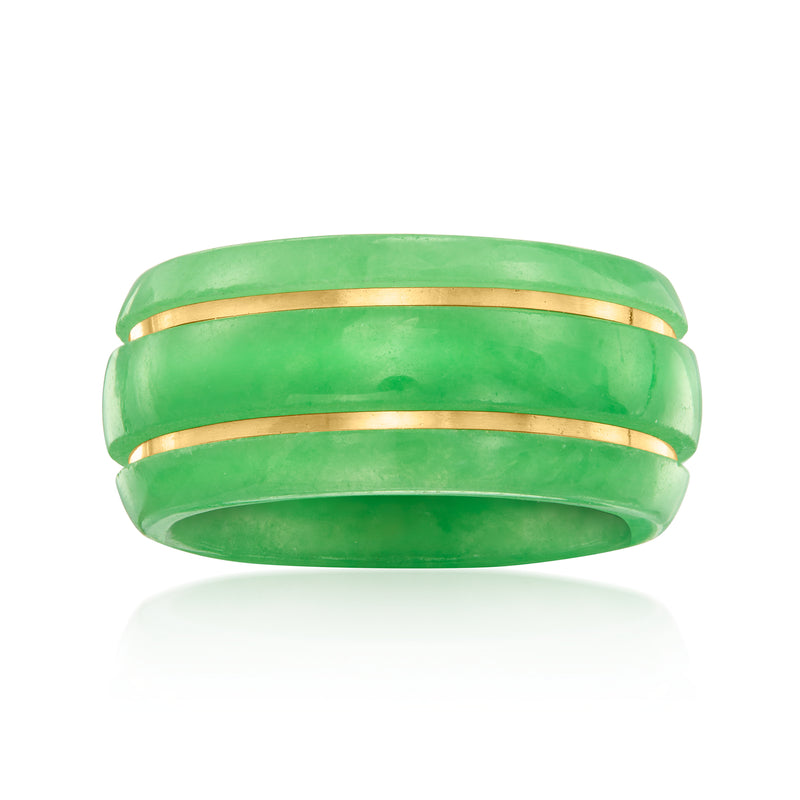 Green jade-style ring with two 14kt yellow gold inlay bands