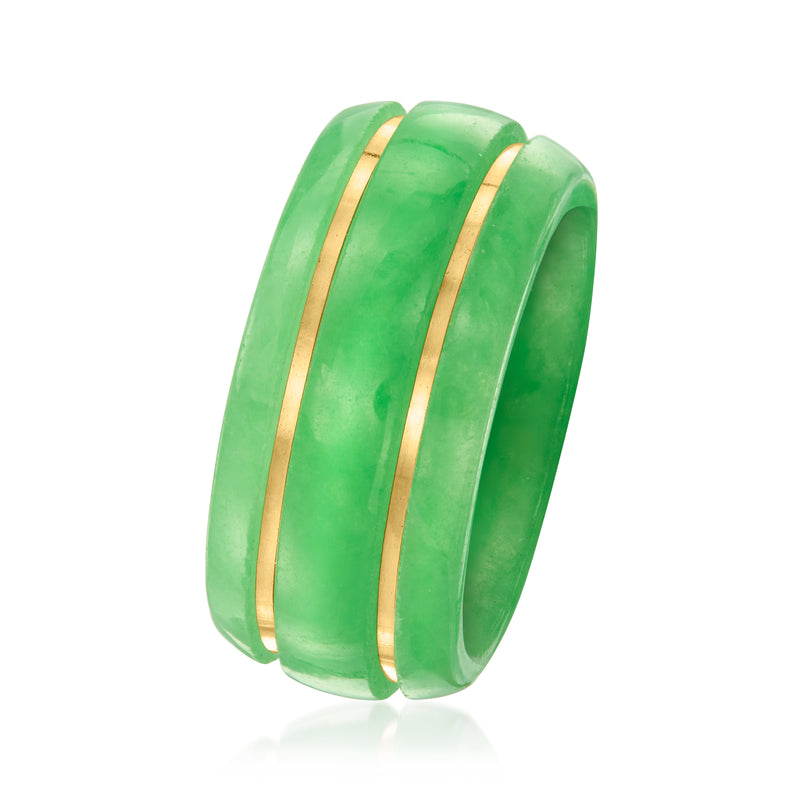 Green jade-style band ring with raised 14kt yellow gold edges