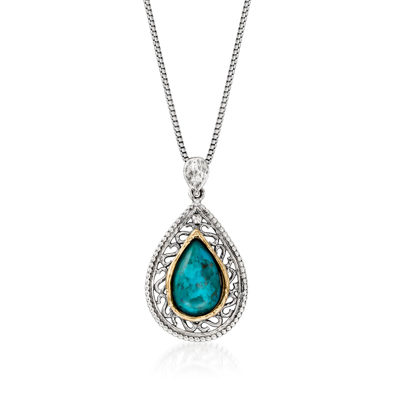 Sterling silver pendant necklace with teardrop turquoise stone and yellow gold trim