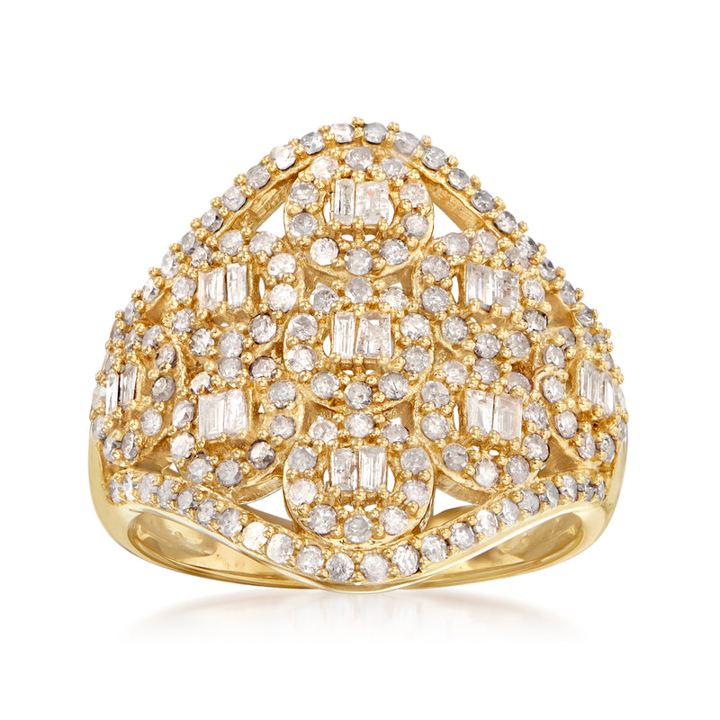 18kt gold over sterling diamond cluster ring with baguette and round stones