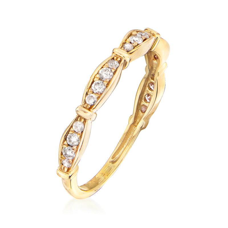 14kt yellow gold diamond ring with round stones in a curved channel setting