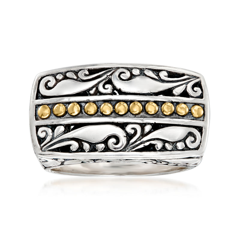 Bali-style sterling silver ring with yellow gold bead row and engraved scrollwork