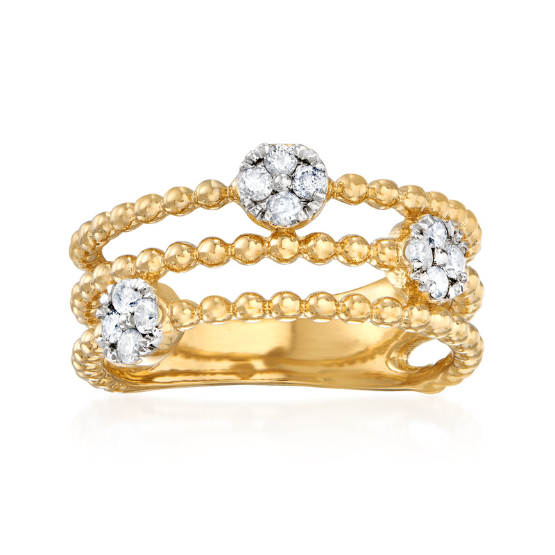 Gold multi-row diamond cluster ring with three round center stones and halo accents