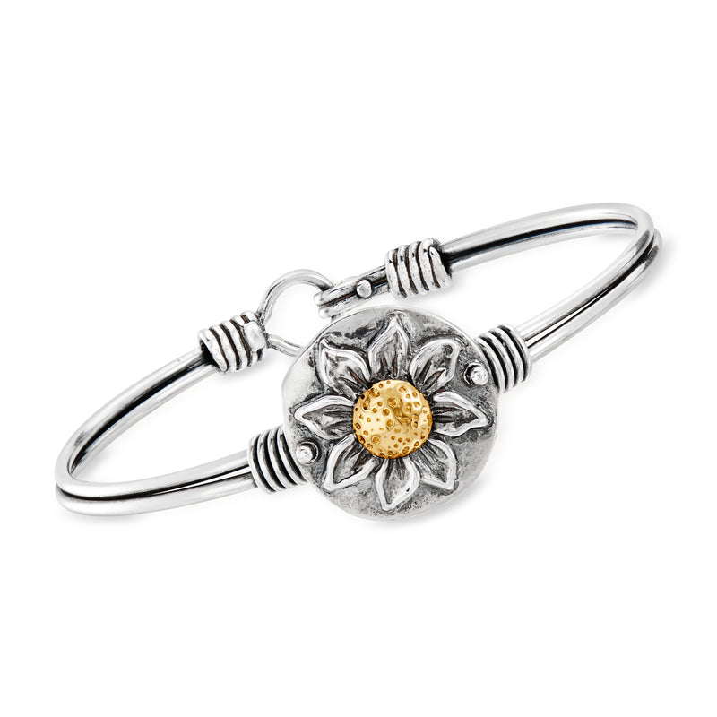 Sterling silver sunflower bangle bracelet with 14kt yellow gold center