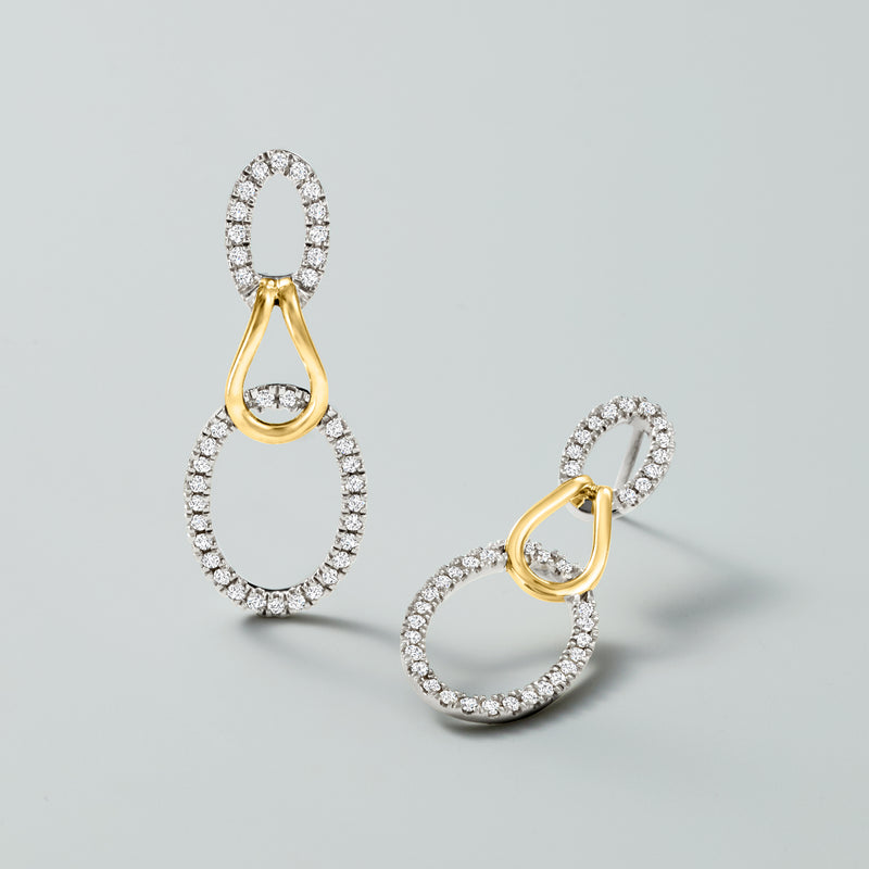 Diamond oval loop drop earrings in sterling silver and 14kt yellow gold