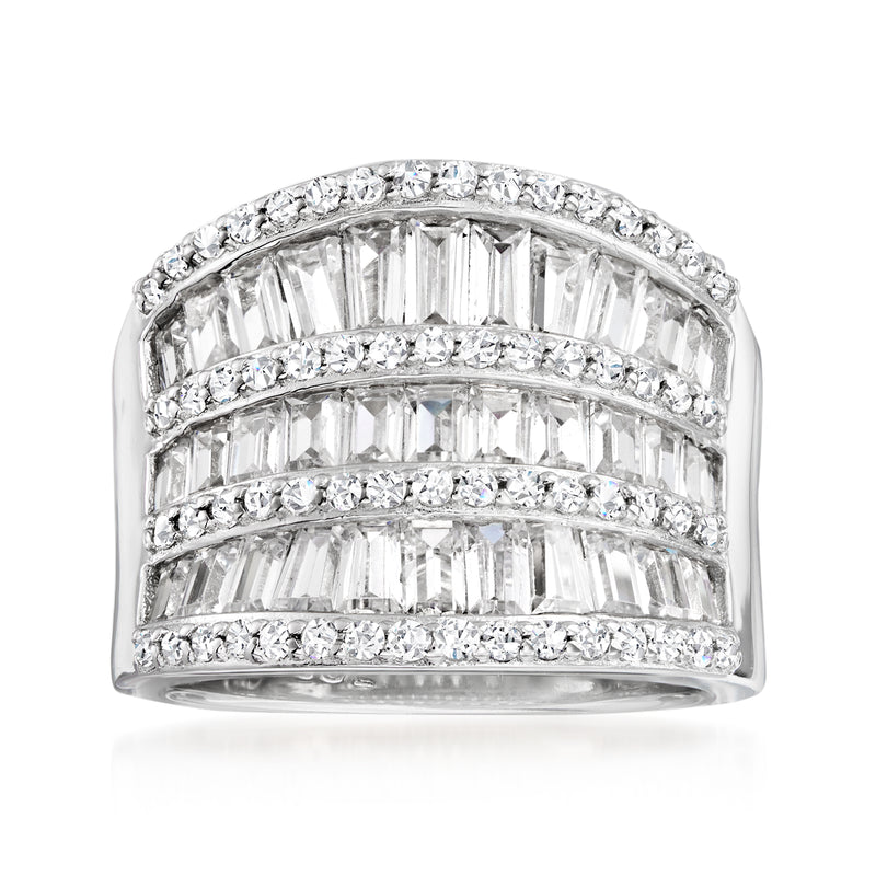 Sterling silver CZ ring with stacked baguette and round stones in a wide band