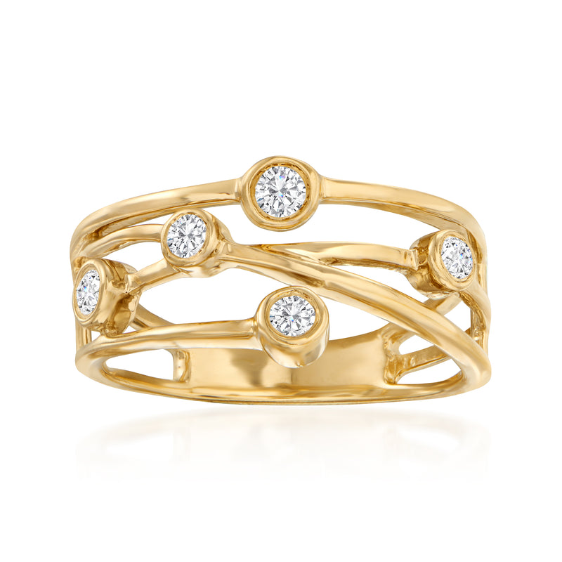 Gold crisscross diamond ring with five round stones in yellow gold-tone setting