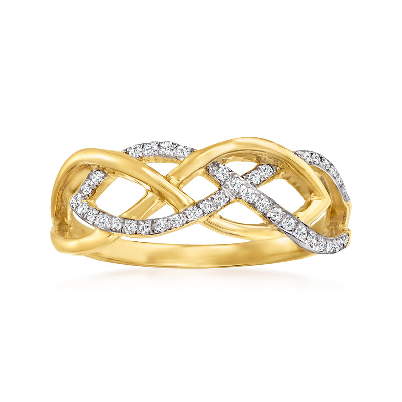 14k yellow gold diamond braided infinity ring with sparkling set stones