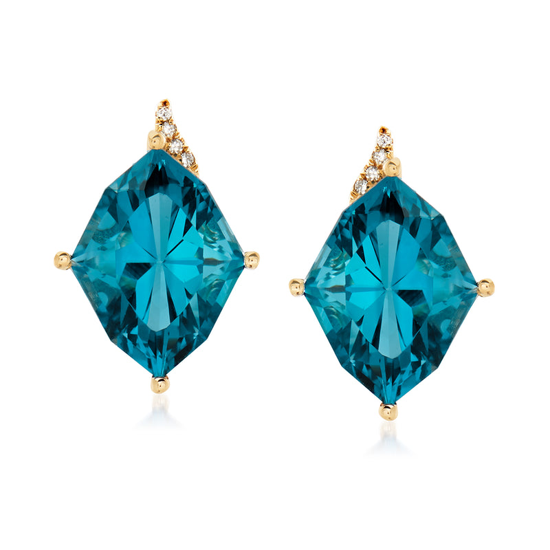 14kt yellow gold London blue topaz stud earrings, faceted blue marquise stones