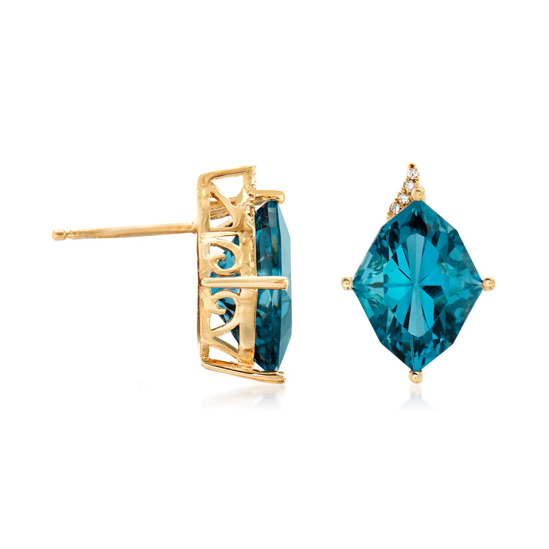 14kt yellow gold London blue topaz post earrings, halo detail with clear stones