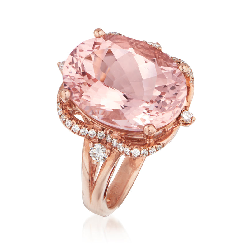 Rose gold ring with pink oval morganite, diamond halo, and slim band