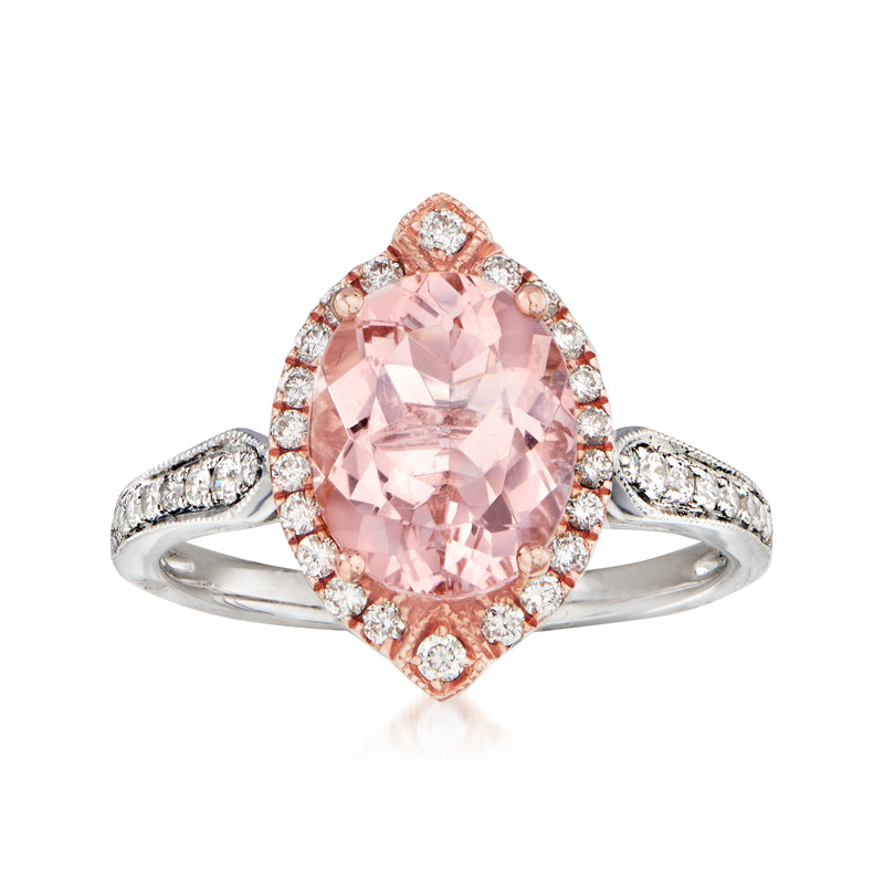Morganite ring with oval pink center stone, diamond halo, and two-tone gold band