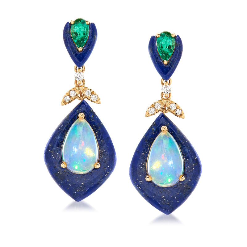 14kt yellow gold drop earrings with blue lapis and green opal pear stones, diamond accents