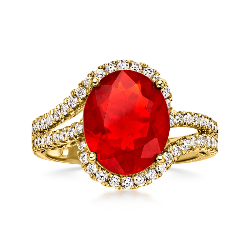 14kt yellow gold ring with oval red fire opal and diamond halo, 3-row accents