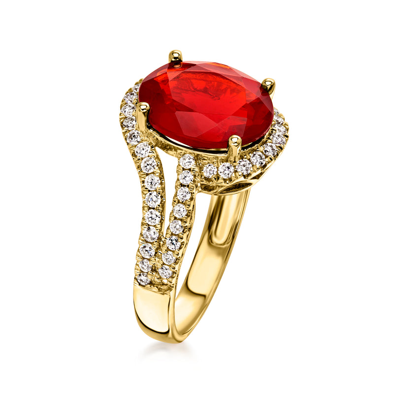 14kt yellow gold ring with oval red gemstone center, diamond halo and raised bezel