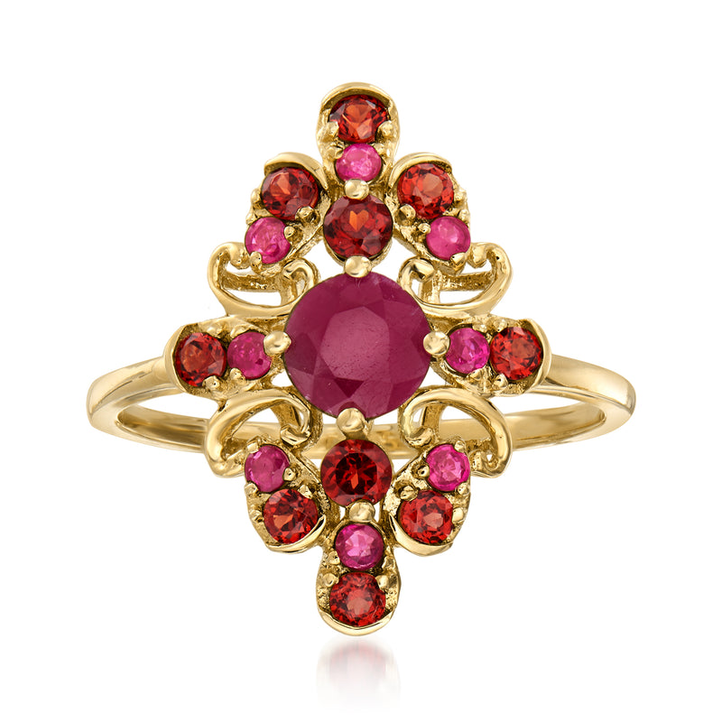 14kt yellow gold ruby and garnet gemstone ring with oval center stone