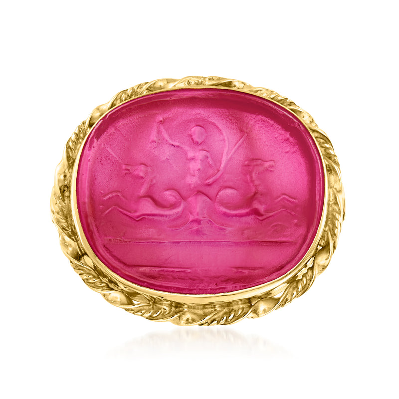 Italian pink Venetian glass ring with oval fuchsia cameo and ornate 18kt gold over sterling setting
