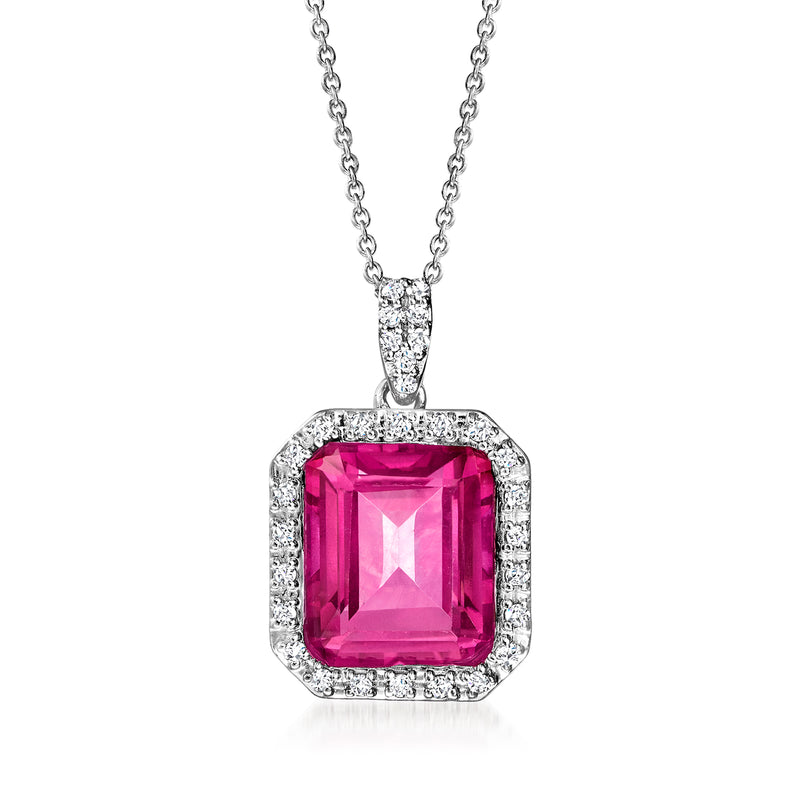 Sterling silver pendant necklace with cushion-cut pink topaz framed by diamond accents