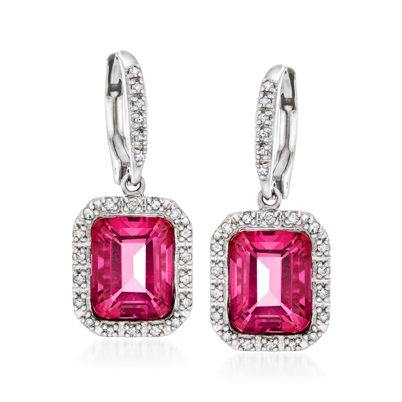 Sterling silver leverback drop earrings with pink topaz square center and diamond frame
