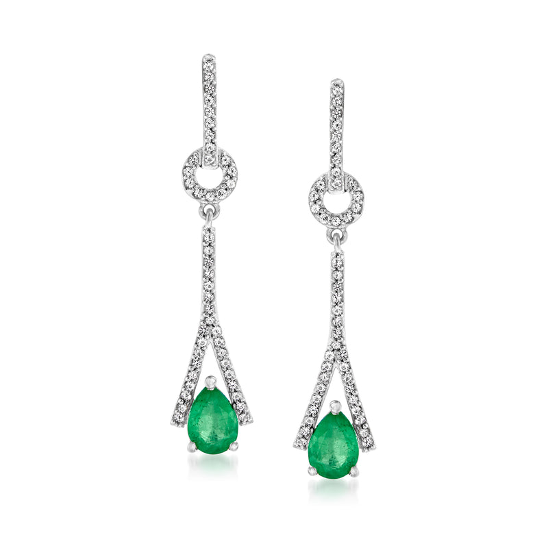 Sterling silver drop earrings with pear-cut green emerald and white topaz accents