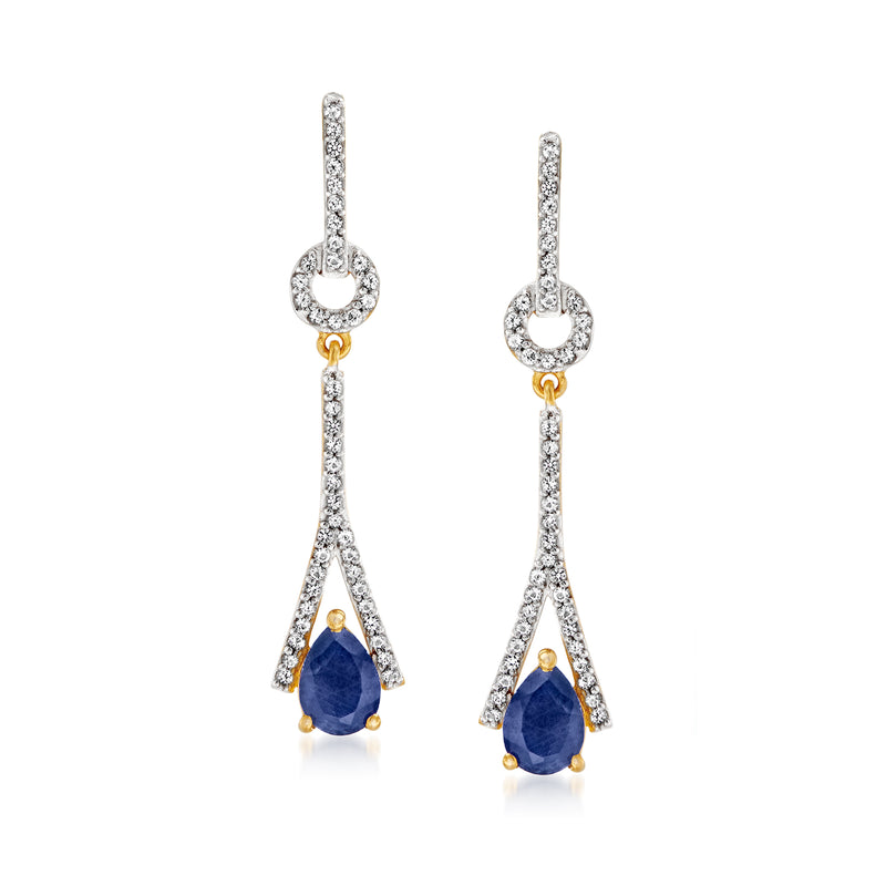 18kt gold over sterling drop earrings with blue teardrop sapphire and white stones