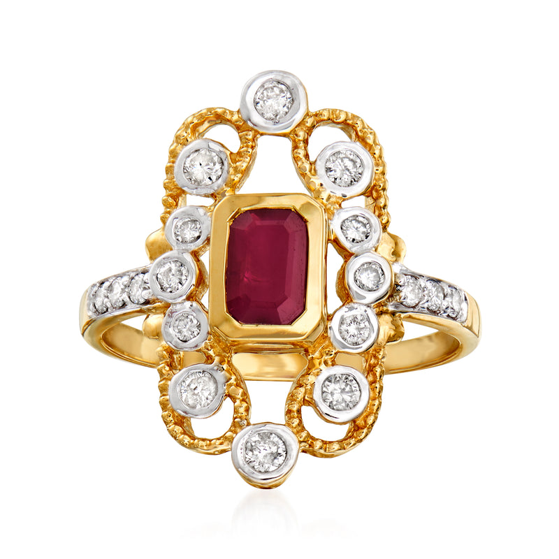 14kt yellow gold ring with square ruby center and diamond halo accents