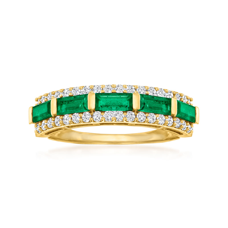 14kt yellow gold ring with emerald green stones and white diamond accents