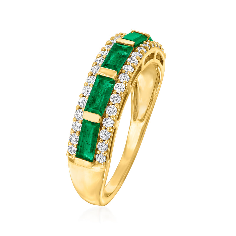 14kt yellow gold ring with emerald-cut green stones and diamond pave sides